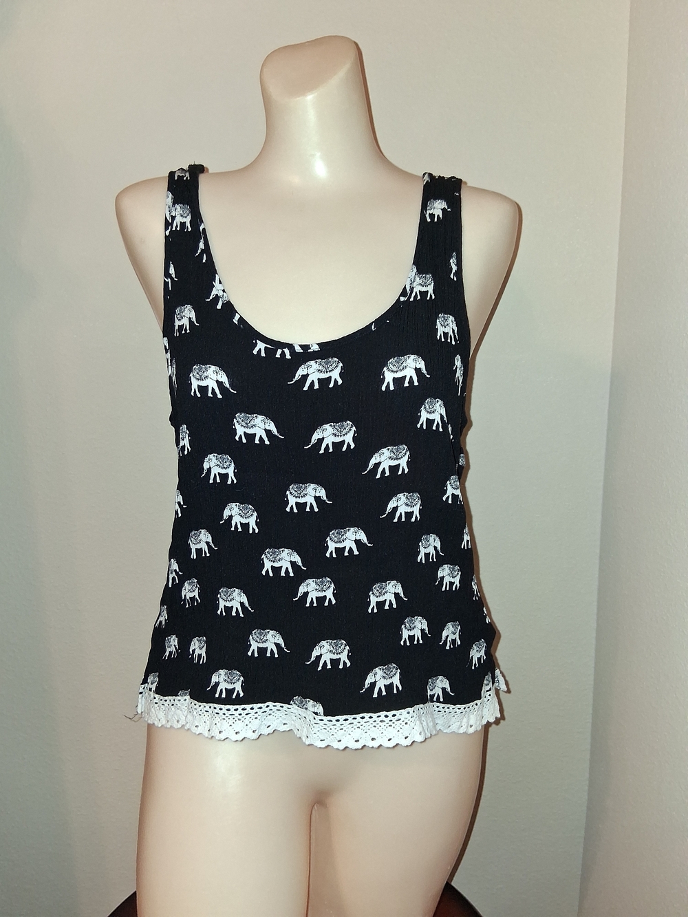 Forever 21 Black Elephant Print Tank Top with Lace Trim